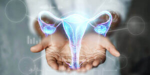 doctor in white medical coat holding a hologram of the uterus