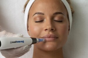 Blonde woman having dermapen microneedling around lip area